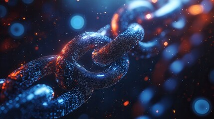 Poster - A glowing, futuristic chain links together, set against a vibrant, abstract background filled with shimmering particles and soft bokeh effects.