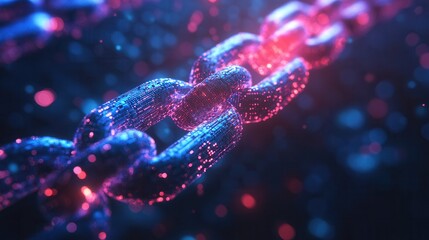Poster - A close-up view of a glowing, digital chain featuring vibrant blue and pink hues, symbolizing connectivity and technology.