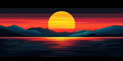 Wall Mural - Vibrant Vector Illustration of a Sunset Over Mountains with a Reflective Water Surface Against a Pitch Black Background