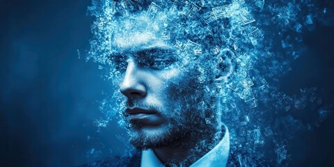 Aufkleber - A digitally enhanced image of a man whose face dissolves into fluid, creating an ethereal and surreal visual effect with a blue color palette.