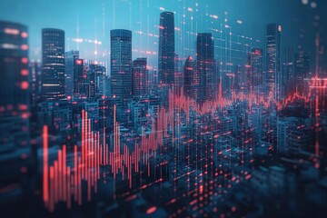 Fototapete - A futuristic city skyline with digital data visualizations in red and blue tones, illustrating a blend of technology and urban life.