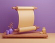 © imaginart - 3D blank scroll rests on a wooden table ready to be filled with a story