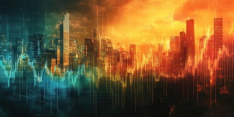 Poster - A vibrant city skyline with audio waveforms, blending colors of blue and orange, representing technology and urban life.