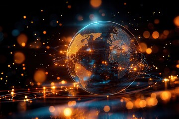 Aufkleber - A glowing globe connected by vibrant lines and light particles, representing global connectivity and technological advancement.