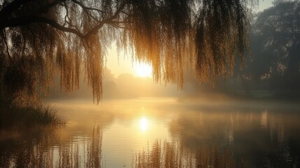 Canvas Print - Golden sunrise, misty lake, weeping willow.