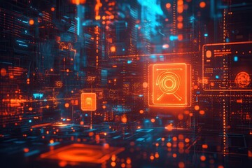 Fototapete - A futuristic digital landscape featuring glowing orange and blue elements, symbolizing advanced technology and data processing in a city-like environment.