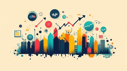 Aufkleber - A vibrant skyline illustration featuring graphs, charts, and colorful icons, symbolizing business growth and market analysis.