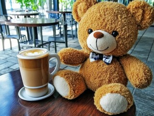 Teddy bear with a coffee cup, plush toy near a table, charming stuffed animal