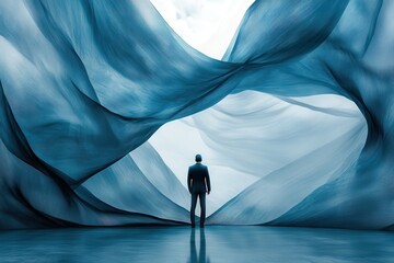 Poster - A person stands in a surreal, blue-hued environment, surrounded by flowing fabric-like structures, evoking a sense of wonder and exploration.
