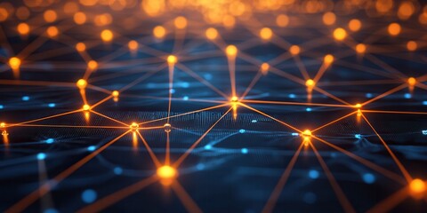 Aufkleber - A vibrant network of glowing nodes connected by lines, representing technology, data flow, or communication in a digital landscape.