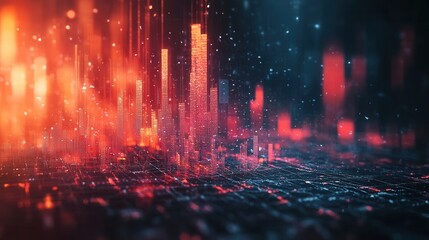Poster - Vibrant digital cityscape with glowing vertical bars, representing data visualization and futuristic technology in a mesmerizing blend of colors.