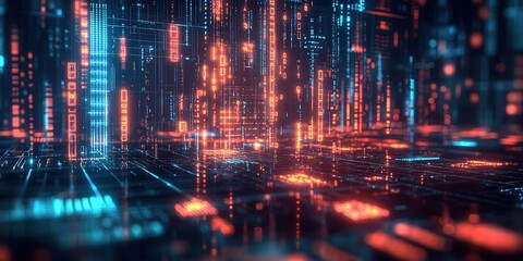Aufkleber - A futuristic digital landscape featuring glowing blue and orange data streams, resembling a virtual city or network.