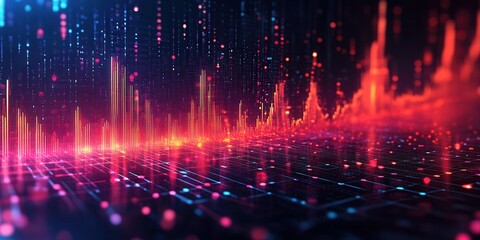 Aufkleber - A vibrant digital landscape showcasing sound waves and data visualizations in a blend of red and blue hues.