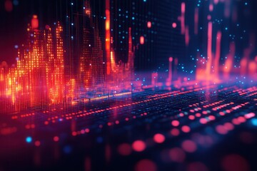 Fototapete - A vibrant digital landscape featuring abstract data visualizations in red, blue, and purple hues, suggesting technology and information flow.