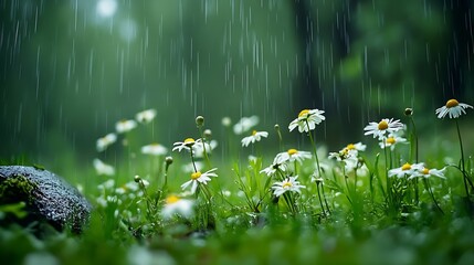 Canvas Print - Serene Rainfall over Blooming Daisies in a Lush Green Meadow : Generative AI