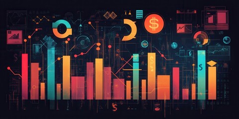 Poster - A vibrant digital visualization of data analytics featuring colorful bar graphs, charts, and financial symbols against a dark background.