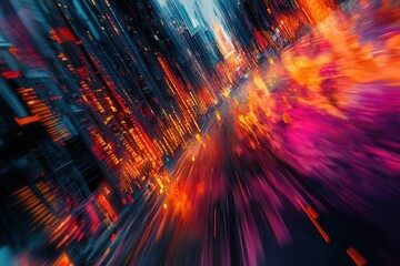 Poster - A vibrant, abstract depiction of a cityscape with dynamic colors and motion blur, suggesting energy and speed.