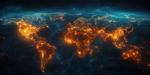 Fototapete - A vibrant, illuminated view of Earth at night, showcasing glowing city lights and geographical features against a dark background.