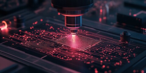 Poster - A close-up view of a high-tech device showcasing intricate circuitry illuminated by a vibrant red laser, emphasizing advanced technology and precision engineering.