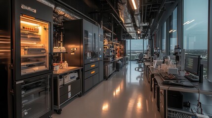 Poster - A modern laboratory interior featuring sleek equipment, illuminated storage, and a spacious workspace with large windows, showcasing a technological environment.