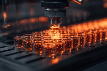 Poster - A microscope analyzes a row of glass vials filled with a glowing orange liquid, showcasing a laboratory setting and intricate scientific processes.