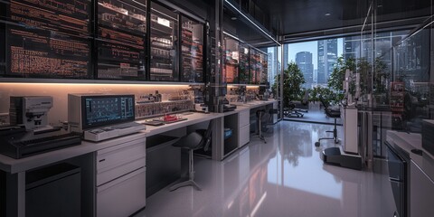 Poster - A modern laboratory with high-tech equipment, glass walls, and a view of the city. It features sleek workstations and abundant natural light.