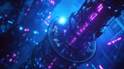 Poster - Futuristic structures illuminated in blue and pink, suggesting advanced technology.