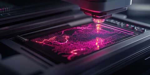 Poster - A close-up view of a high-tech laser device projecting intricate patterns onto a surface, showcasing vibrant pink light and advanced technology.
