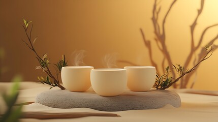 Poster - Three Steam Cups With Branch Decor Against Warm Amber Background : Generative AI