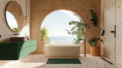 Poster - Modern bathroom with a scenic ocean view and lush greenery.