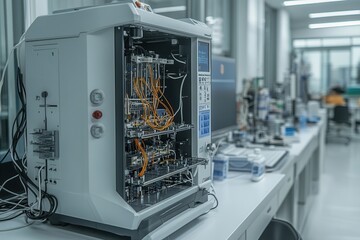 Poster - A laboratory machine with intricate wiring and components, showcasing a high-tech environment and advanced research capabilities.