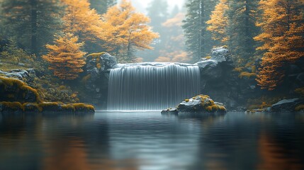 Poster - Serene Waterfall in Tranquil Autumn Forest Landscape with Vibrant Foliage : Generative AI