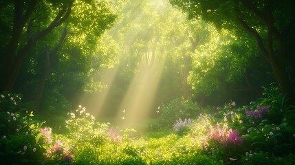 Poster - Sunlight Streaming Through Lush Green Forest with Wildflowers and Vibrant Foliage : Generative AI