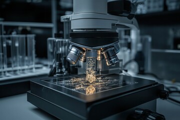 Poster - A high-tech microscope positioned over a sample, showcasing intricate details and illuminated by focused light in a modern lab setting.