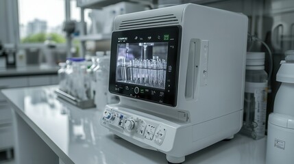 Poster - A modern medical device displayed on a laboratory countertop, featuring a digital screen and various controls, surrounded by laboratory equipment.