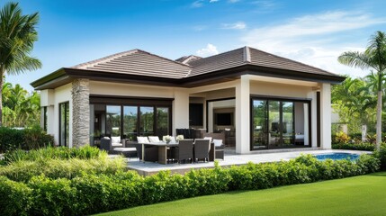Aufkleber - Modern house with outdoor seating and pool, surrounded by lush greenery.