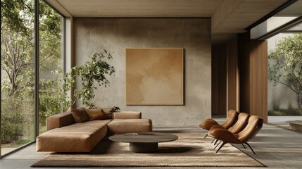 Poster - Modern living room with earthy tones, large windows, and minimalist furniture.