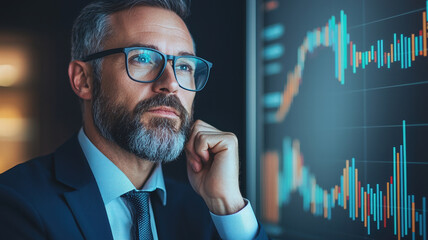 Poster - Professional man analyzing financial data on digital screen, showcasing charts and graphs. focused expression reflects deep concentration and analytical thinking