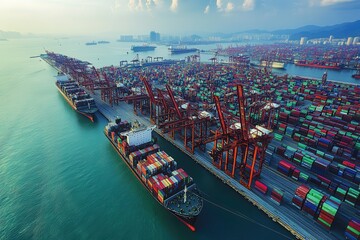 Poster - Aerial view of a bustling shipping port filled with colorful containers, cargo ships, and cranes against a serene blue ocean backdrop.