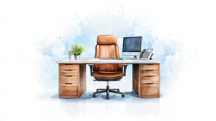 Poster - modern office desk with comfortable chair, computer, and phone, featuring plant for touch of nature. Ideal for productive workspace