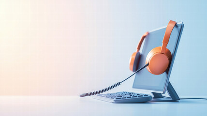 Aufkleber - modern computer setup featuring monitor and orange headphones, ideal for gaming or online communication. sleek design and vibrant colors create inviting workspace