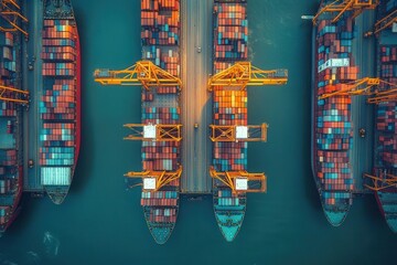Poster - Aerial view of cargo ships loaded with containers, showcasing a busy port with cranes for loading and unloading goods.