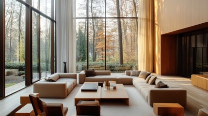 Aufkleber - Modern living room with large windows, natural light, and a serene outdoor view.
