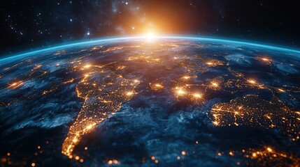Poster - A stunning view of Earth at sunrise, showcasing illuminated cities, continents, and the vibrant blue atmosphere against a backdrop of stars.