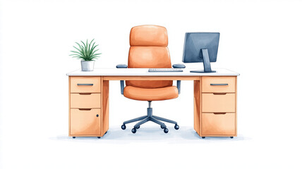 Poster - modern office desk with orange chair, computer monitor, and plant. This workspace is designed for comfort and productivity, featuring clean, organized layout