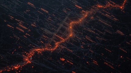 Poster - A dynamic visual of glowing orange lines against a dark background, resembling lava or flowing energy in a digital landscape.