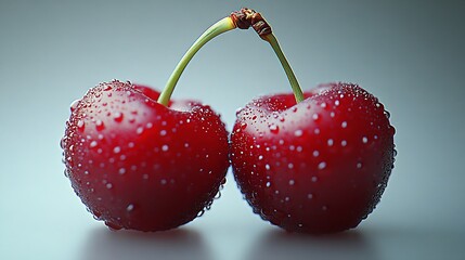 Poster - Fresh Red Cherries with Dew Drops on Elegant Smooth Surface : Generative AI