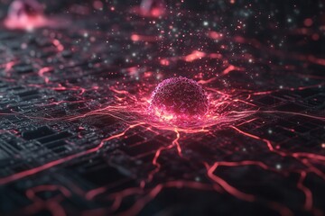 Poster - A glowing, abstract representation of a network, featuring a central sphere surrounded by vibrant lines and particles, evoking a sense of technology and connectivity.