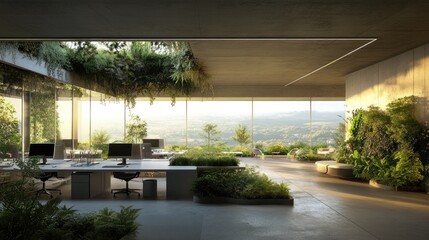 Aufkleber - Modern office space with greenery and panoramic views, promoting a serene work environment.