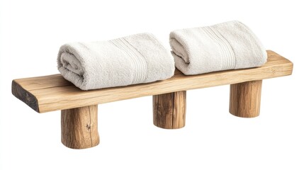 Wall Mural - Rustic wooden towel shelf with two rolled towels.